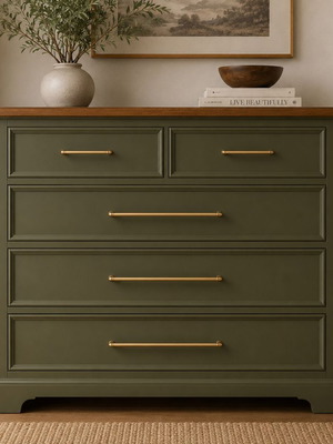 Chest of drawers olive green with natural wood surface, like new