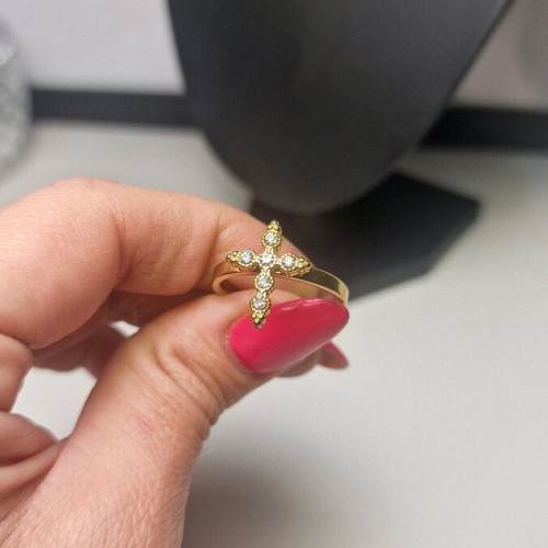 Stainless steel ring with cross and rhinestones gold color, new