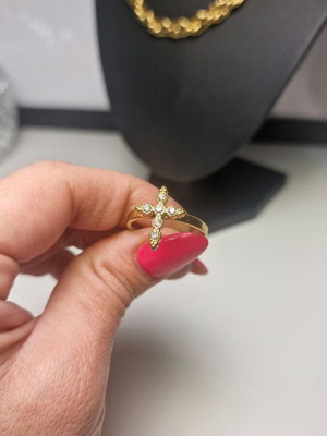 Stainless steel ring with cross and rhinestones gold color, new