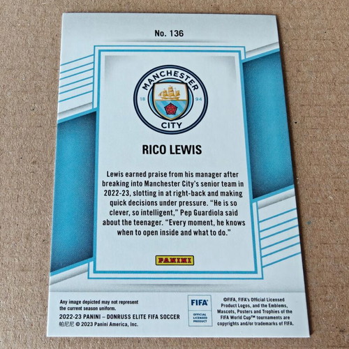 Rico Lewis Manchester City 2022-23 Panini Donruss Elite FIFA RC card like new