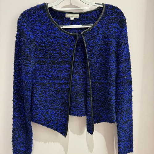 Celestino cropped cardigan used, blue with black leather details, size large