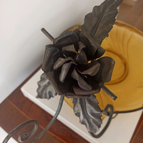 Vintage fruit bowl with a forged iron base & amber glass bowl