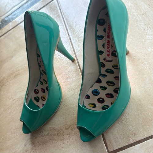 Miss Sixty turquoise patent leather peep-toe heels size 38