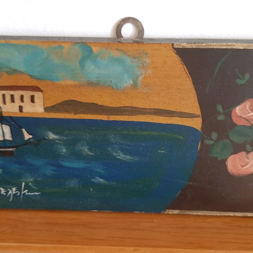 Artwork used with sea, ships and harbor image on wooden board