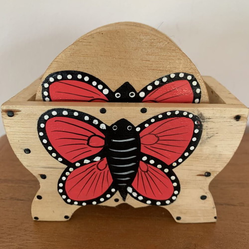 Wooden coasters with holder, handmade, like new, butterfly design, set of six