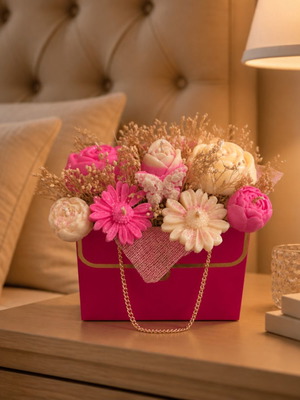 Bag with golden chain decorated with aromatic soy wax flowers, new
