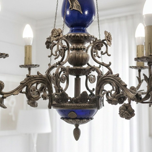Pair of Chandeliers Solid Brass and Blue Faience like new