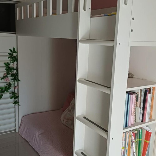 Loft bed with mattress, bookshelf and wardrobe, like new