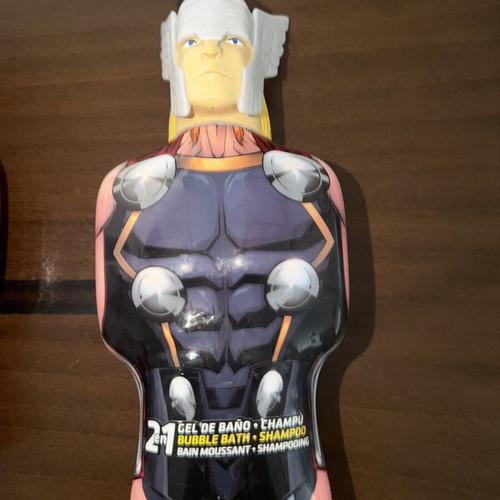Shampoo with superheroes empty, used