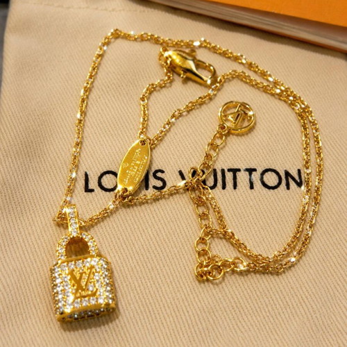 Louis Vuitton Monogram World Tour Padlock Necklace with Strass, Gold Tone