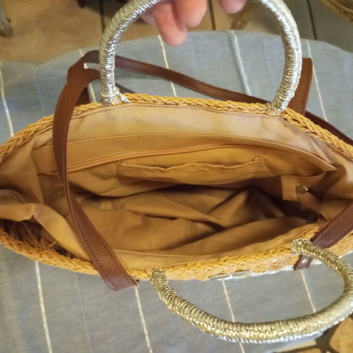 Straw Handbag and Shoulder Bag like new, silver cord detail