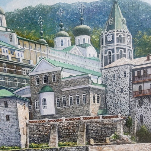 Painting Mount Athos Panteleimon Monastery Russian like new