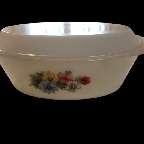 White serving dishes used, oval with lid and large bowl with floral design