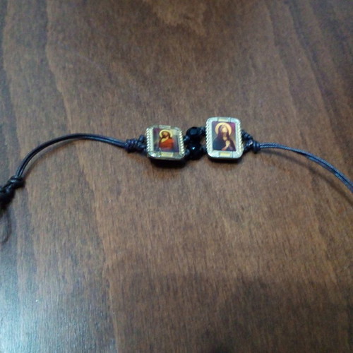 Double amulet bracelet with miniature images of Jesus and Virgin Mary catholic style