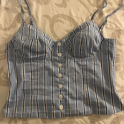 MYS top in blue with navy and white vertical stripes, like new