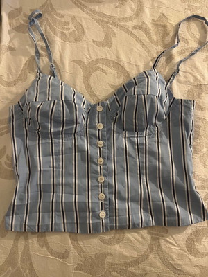 MYS top in blue with navy and white vertical stripes, like new
