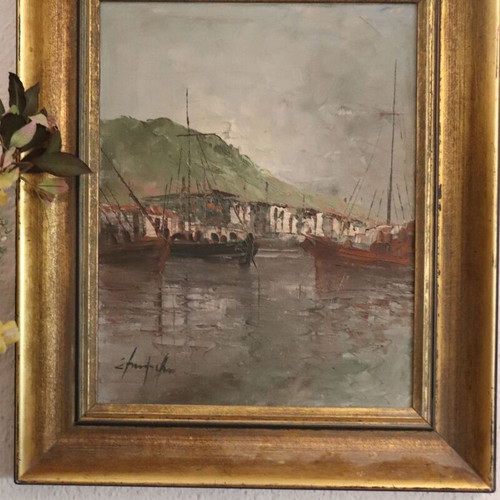 Stamatina Marnezou Seascape Painting with Boats signed, like new