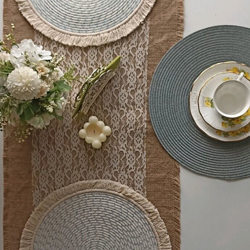 Handmade placemats new, set of 2 with fringes 38 cm diameter