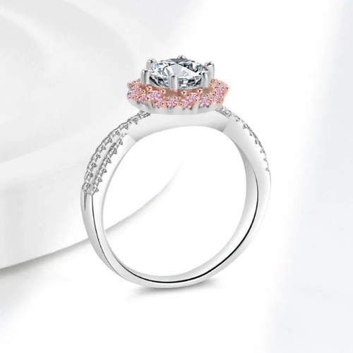 Silver S925 ring with Moissanite and pink halo