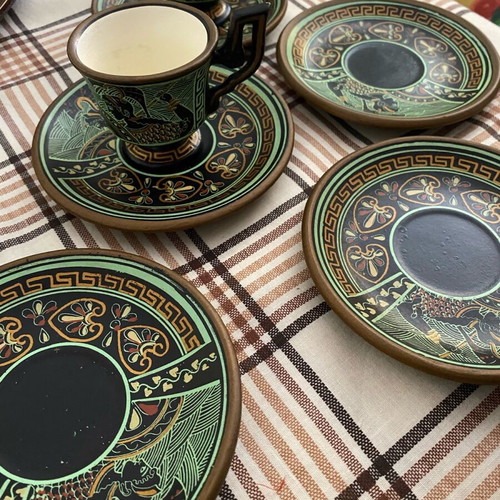 Ancient Greek coffee cups set like new, six pieces with saucers