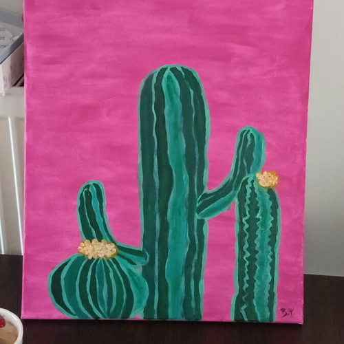 Painting with cactuses pink green medium size new