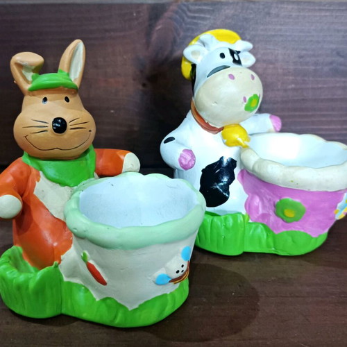 Ceramic children's egg holders rabbit and cow new, set of 2