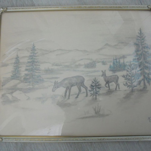 Vintage drawing with metal frame and glass used, signed