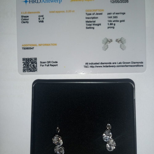 Diamond earrings certified, 14k white gold, 2.23 CT total