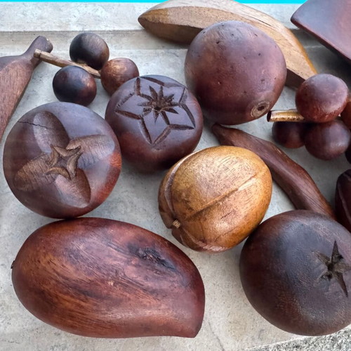 Vintage handmade wooden decorative set with wooden fruits