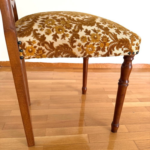 Chair used with wooden frame and brown velour fabric with floral pattern