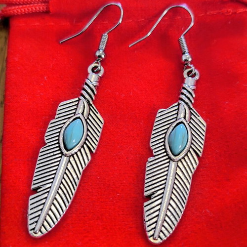 Boho Feather Earrings with Turquoise Stone new