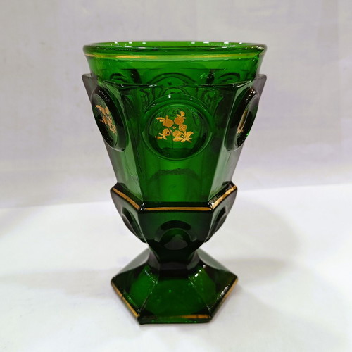 Rare Biedermeier Crystal Glass emerald like new with gold decoration