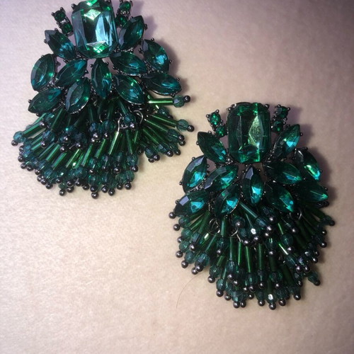 Earrings with green beads and transparent stones like new
