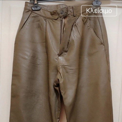 Vintage women's high-waisted leather pants, khaki green, made in Italy