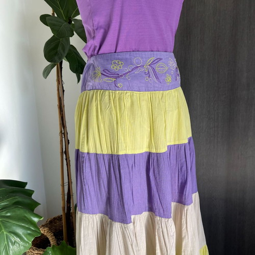 Boho embroidered tiered maxi skirt, purple and yellow