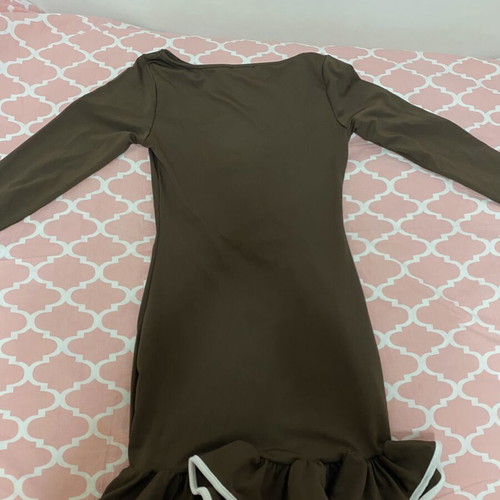 A-Style fitted dress with ruffle, brown, size S