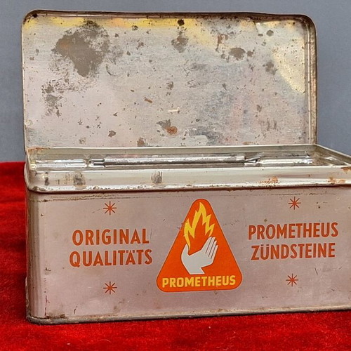 Prometheus metal box used, vintage lighter flints packaging