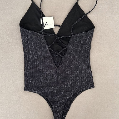Bershka glitter black bodysuit size M new with open back and laces