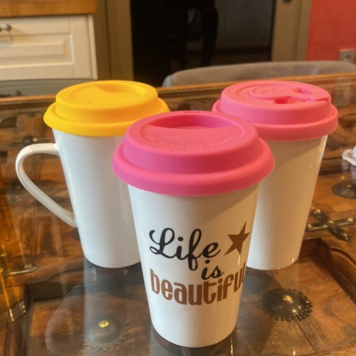 Tall white mugs with silicone lids used, set of 3