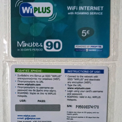Wi PLUS prepaid internet card 90 minutes new