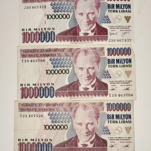 Set of 3 Turkish Lira Banknotes 1,000,000 Like New (1995-2002)
