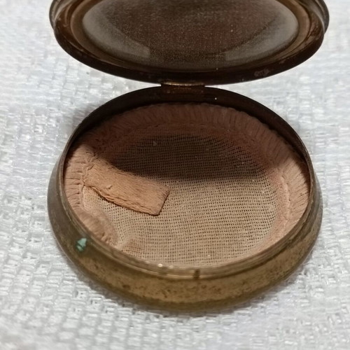 Vintage powder compact used, bronze with original pom pom