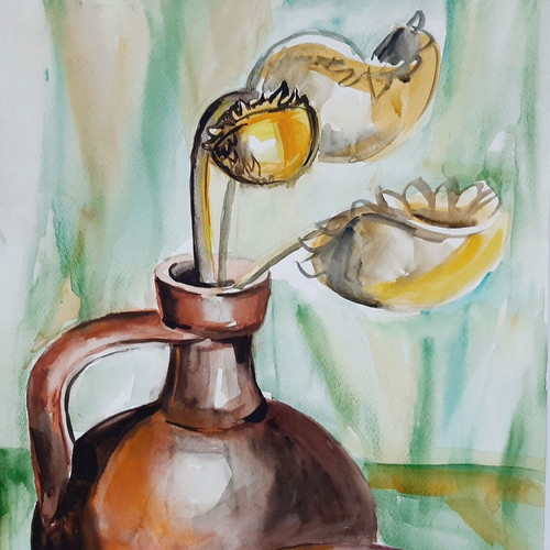 Vintage watercolor still life with sunflowers and fruits, 50.5×35 cm