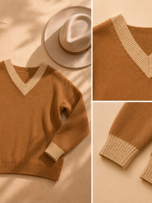 Γυναικείο πλεκτό πουλόβερ camel oversized με V λαιμόκοψη σαν καινούργιο