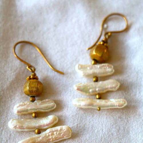 Gold Earrings Raw Pearls with 22K Gold Plated Clasp New