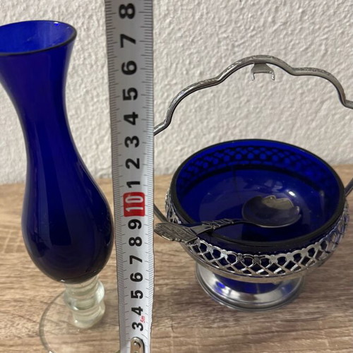 Cobalt blue glass set used with English sugar bowl