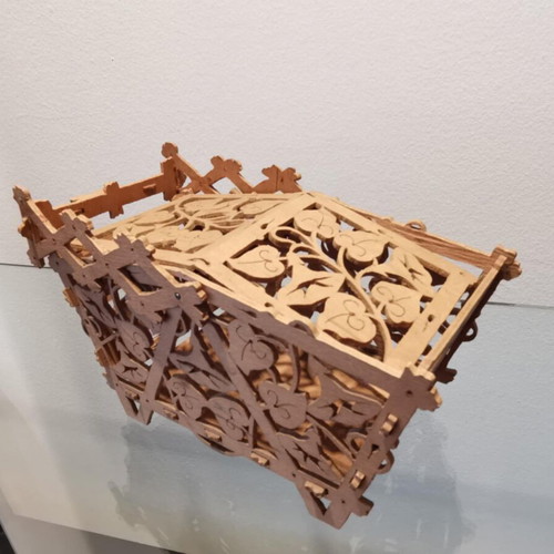 Wooden tray and basket set used, vintage with pierced decoration