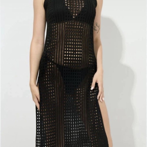 Knitted kaftan black, new, medium size, side slits, straight cut