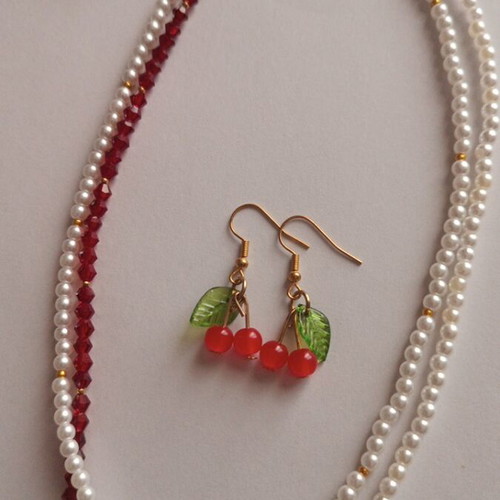 Cherry-themed necklace, bracelet and earrings set, new, gold-colored