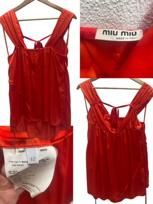 Miu Miu Κόκκινο Μεταξωτό Αμάνικο Τοπ με Δραπέ Πουά Μεταχειρισμένο, Μέγεθος L